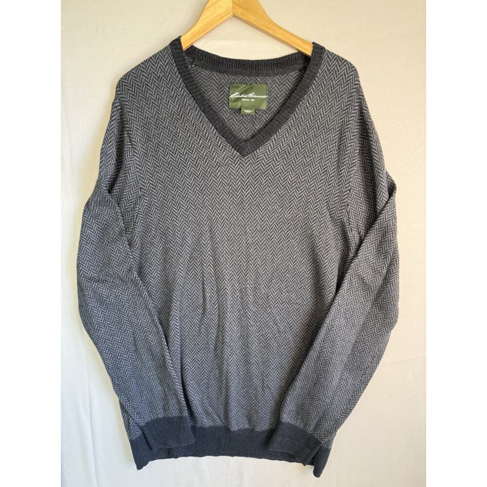 Eddie Bauer Sweater Mens XL Tall XLT Gray V-Neck Cotton Cashmere Herringbone